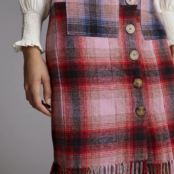 Anthropologie Maeve Fringed Pink Blue Plaid Button Mini Skirt  0 new - Picture 2 of 5